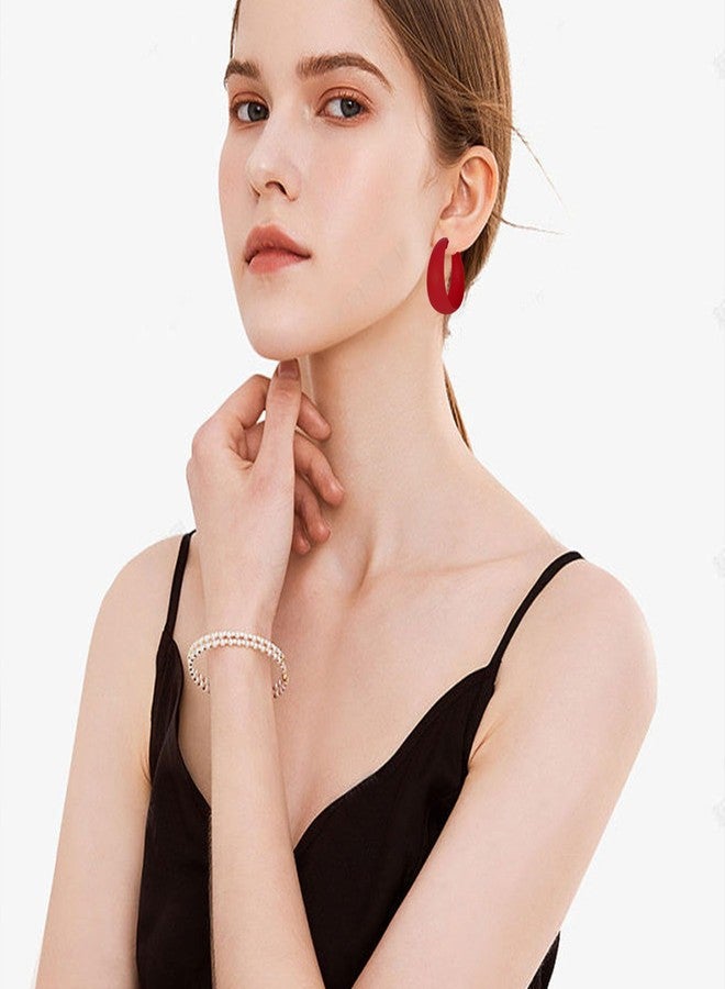 Anmpab Large Matte Round Hoop Earrings for Women Retro Geometric Pierced Neon Color Circle Dangle Earrings Party Jewelry (Red) - Image 2